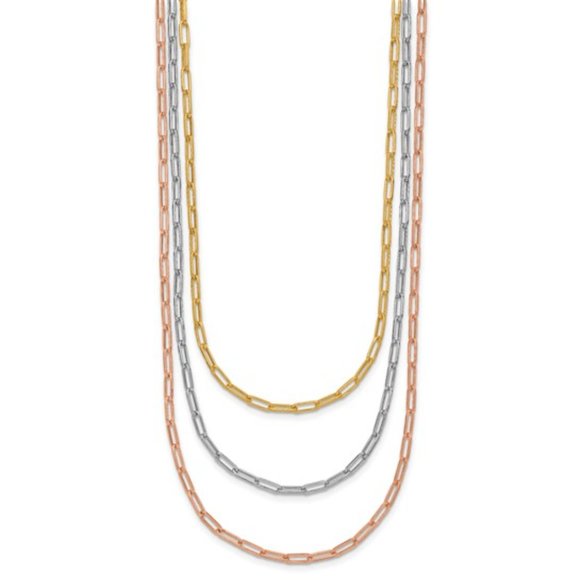 Sterling Silver Tri-color Paperclip Link 3-strand 18 inch layered Fancy Necklace - Picture 4 of 5